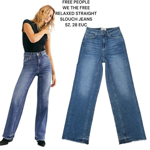 Free People Relaxed Straight Slouch Jeans raw hem size 28 EUC | Poshmark