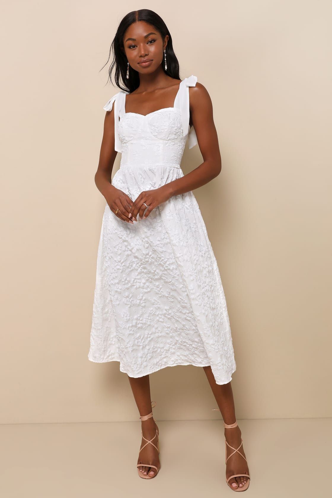 Bubbly Bliss White Jacquard Bustier Tie-Strap Midi Dress | Lulus
