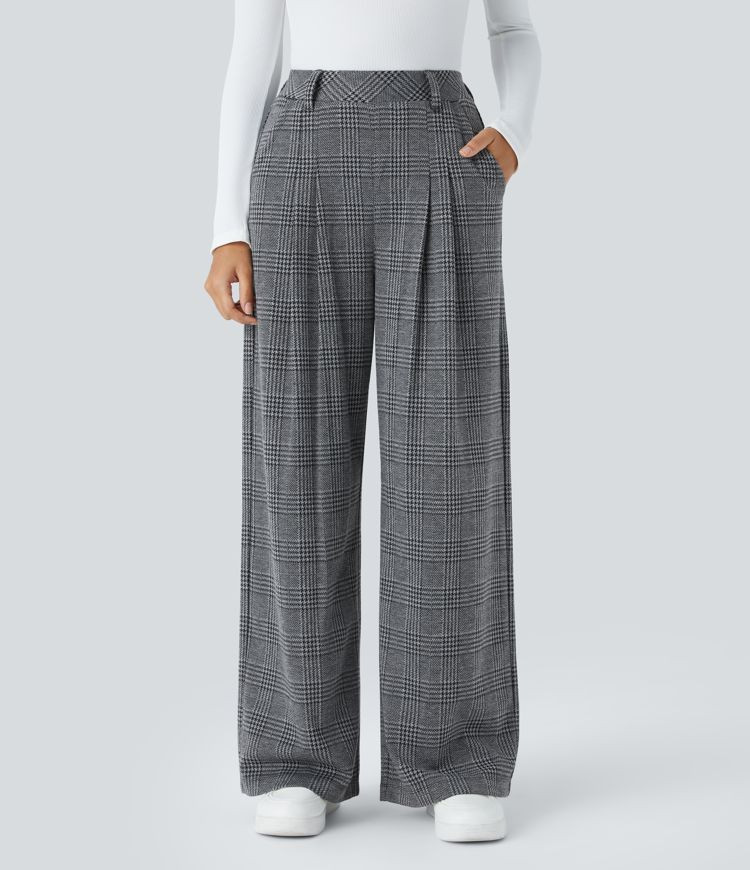 Women’s High Waisted Side Pocket Wide Leg Houndstooth Plaid Casual Pants - Halara | HALARA