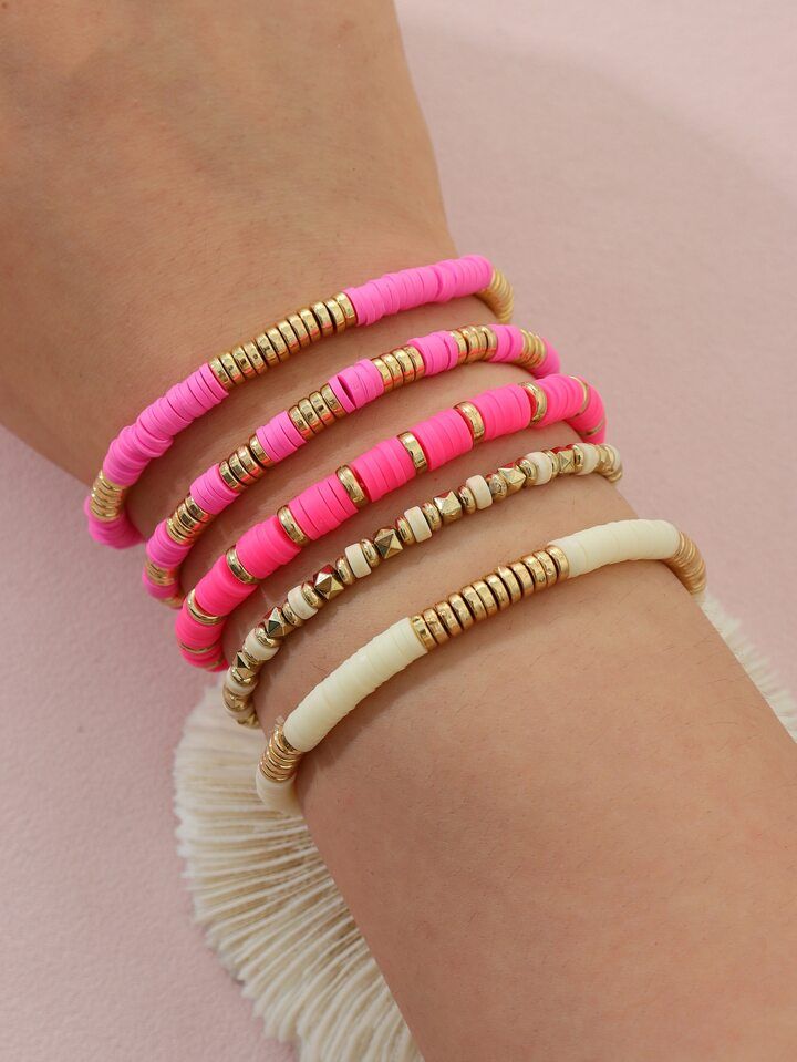 5pcs/set Fashionable Elastic Bracelet Set With Soft Pottery Beads | SHEIN