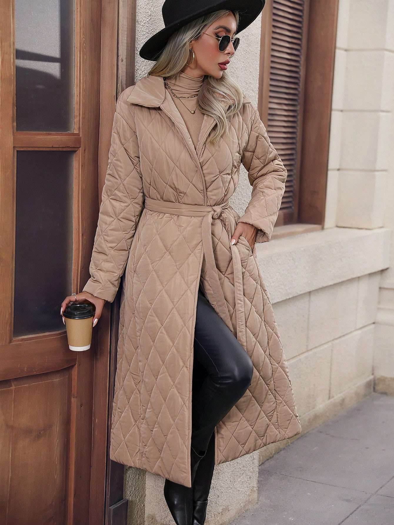 SHEIN LUNE Slant Pocket Belted Quilted Coat | SHEIN