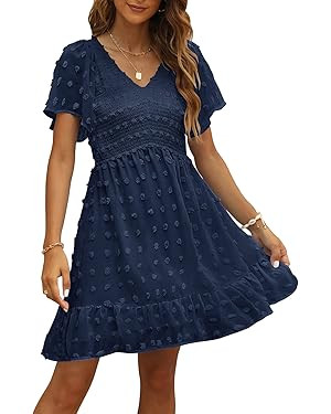 TECREW Womens Smocked Short Sleeve V Neck Mini Dress Summer Swiss Dot Flowy Short Dress | Amazon (US)