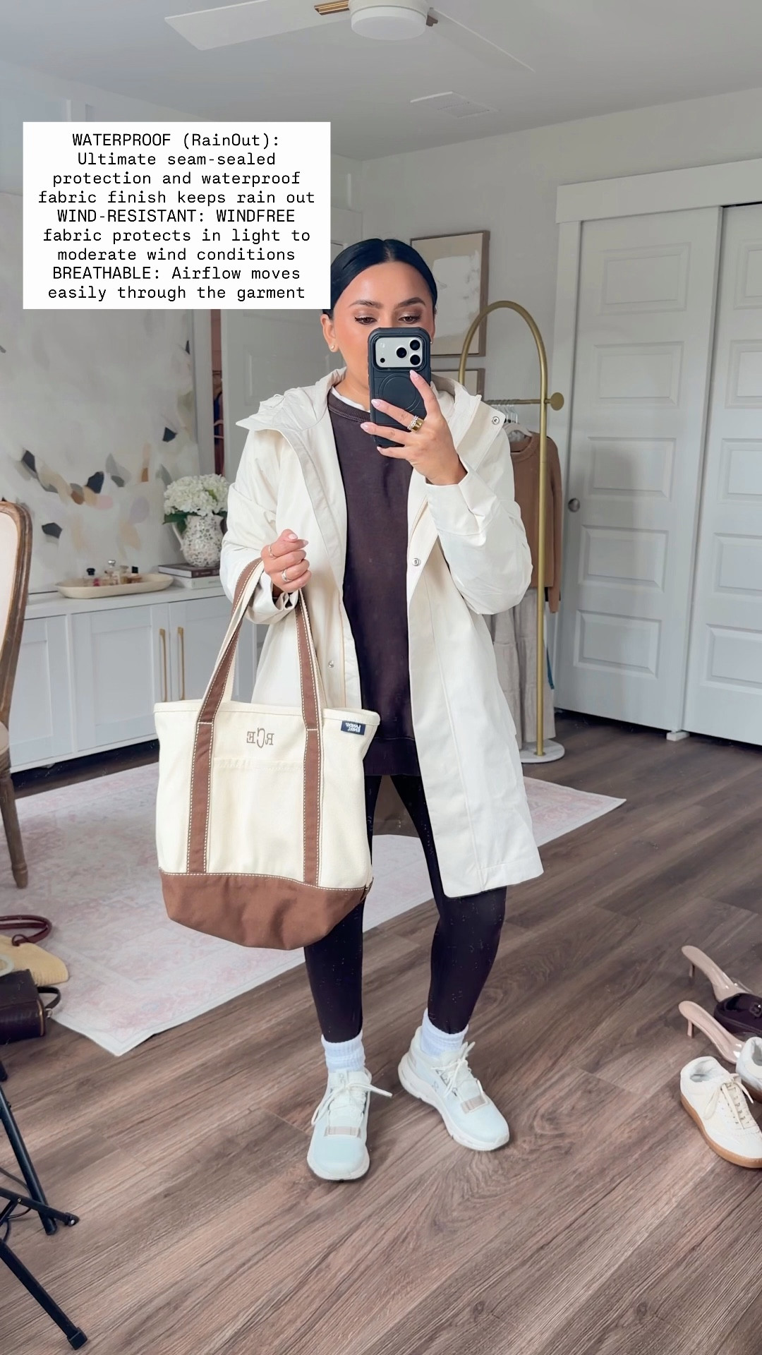 Raincoat size xs petite TTS
White tee size xs petite TTS 
Brown deep earth pullover size xs TTS 
Brown deep earth Leggings size medium regular TTS
Sneakers size 6.5 TTS color ice/sand
Brown tote bag size medium 


#LTKPetite #LTKSeasonal #LTKSpringSale
