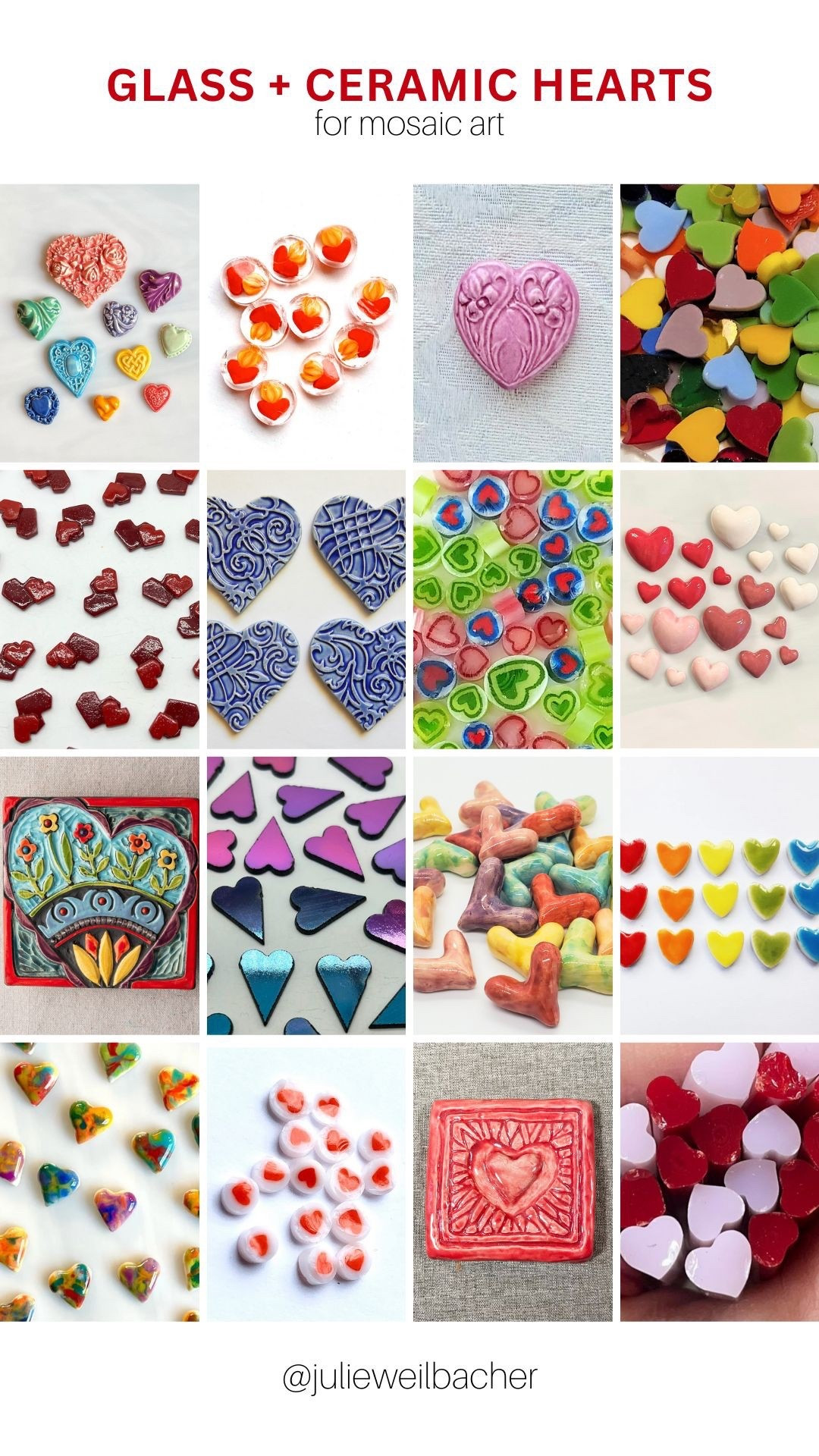 Heart shapes, but make them art. 💗

This collection is a fun mix of glass and ceramic hearts made from handmade ceramics, fused glass, stained glass shapes, handbuilt ceramic tiles, and colorful glass murrini cut from glass rods. And while you’ll spot a few classic Valentine shades, this lineup goes way beyond red and pink. Think full rainbow energy … because creativity doesn’t need limits. 🌈

These hearts are perfect for mosaic art, mixed media projects, and Valentine’s or Galentine’s Day creations, but they’re just as charming tucked into a small art display, styled in a bowl, or used as thoughtful handmade accents. Sweet, versatile, and full of personality.

Basically, hearts you’ll want to play with, not just admire.

For mosaic tips, tutorials, inspiration, and so much more please visit my YouTube channel: YouTube.com/julieweilbacher. Follow @julieweilbacher on Instagram for all things mosaic art.

#valentinesdaydecor #galentinesday #heartdecor #glassheart #ceramicheart #etsy #mosaic #diydecor #craftsnight #handmadehome #valentinescrafts

#LTKValentine #LTKSeasonal #LTKHome