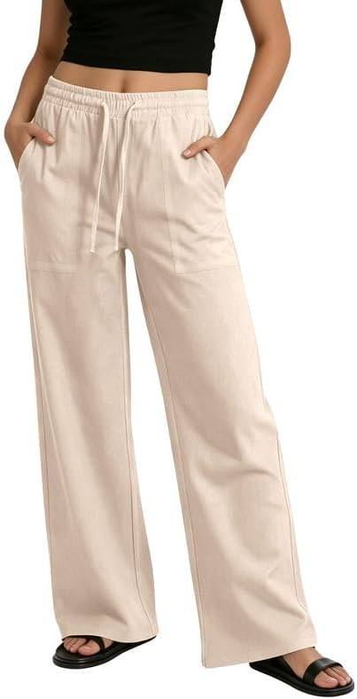 keriffe Womens Casual Pants Drawstring Wide Leg Linen Pant Summer Beach Palazzo Trousers with Poc... | Amazon (US)