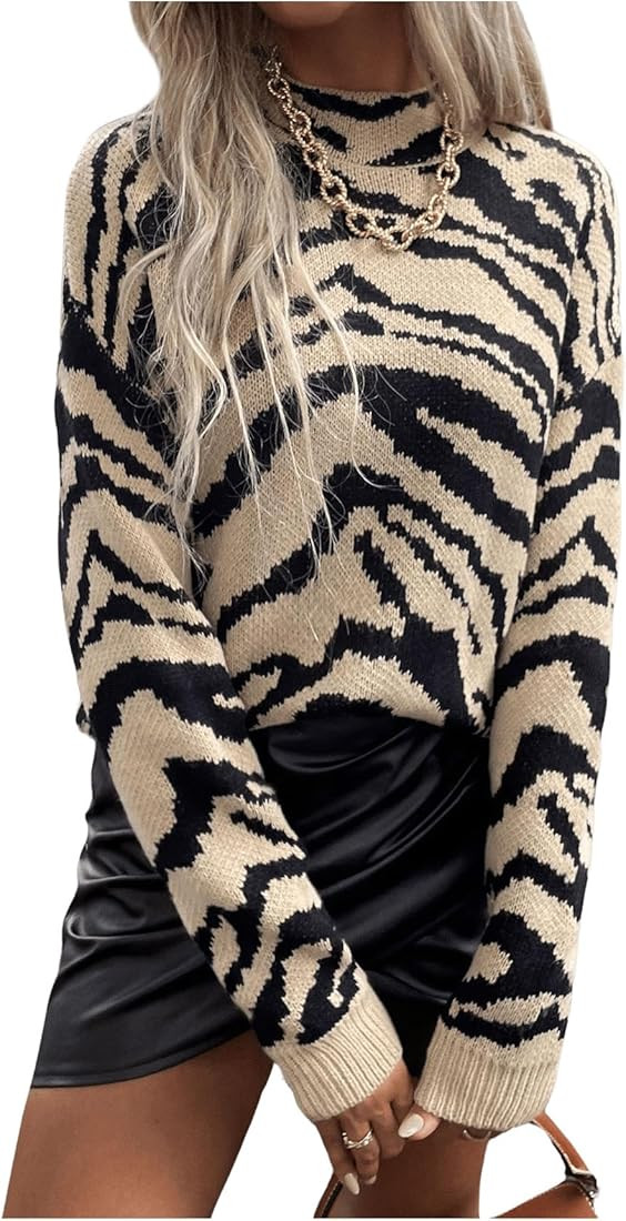 GORGLITTER Women's Tiger Graphic Sweaters Mock Neck Long Sleeve Knitted Pullover Trendy Fall Fahi... | Amazon (US)
