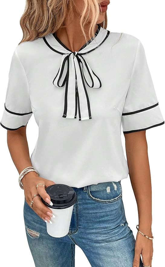 Milumia Women's Tie Front Short Sleeve Blouse Contrast Trim Crew Neck Shirts Work Tops | Amazon (US)