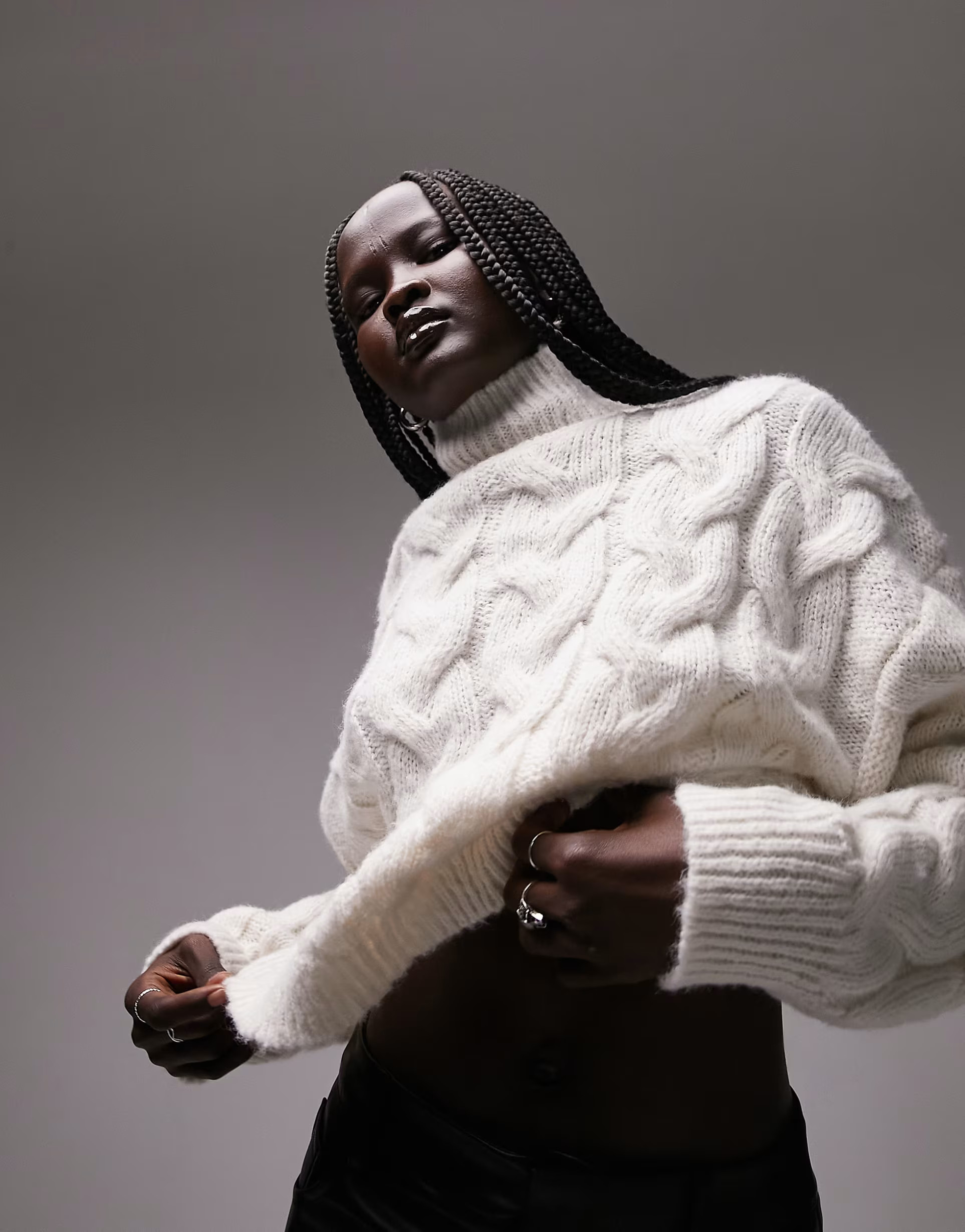 Topshop knitted high neck large cable crop sweater in ivory | ASOS (Global)