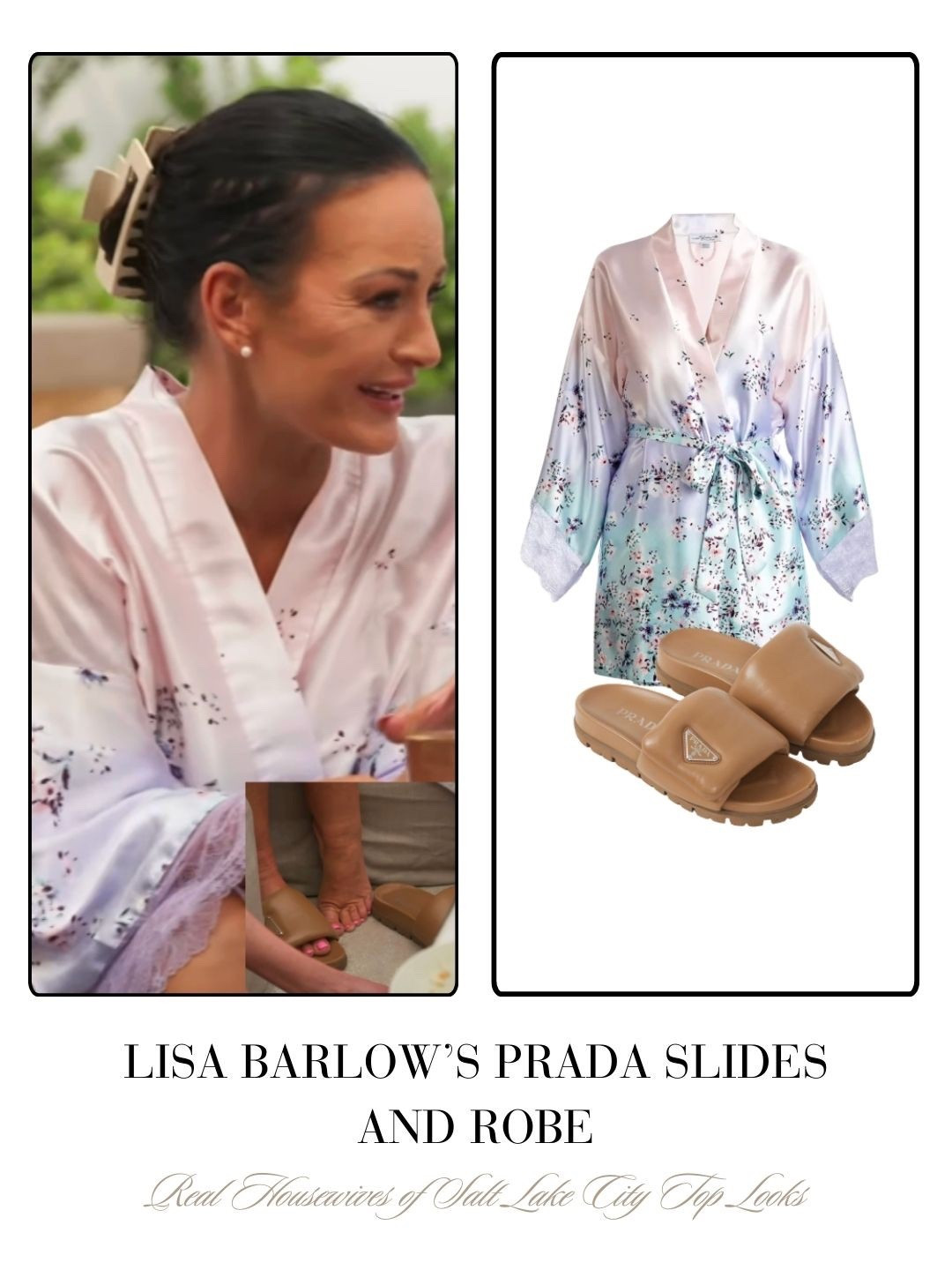 Lisa Barlow’s Ombré Floral Robe is Sold Out by In Bloom by Jonquil // Her Camel Prada Slides are Linked Below
