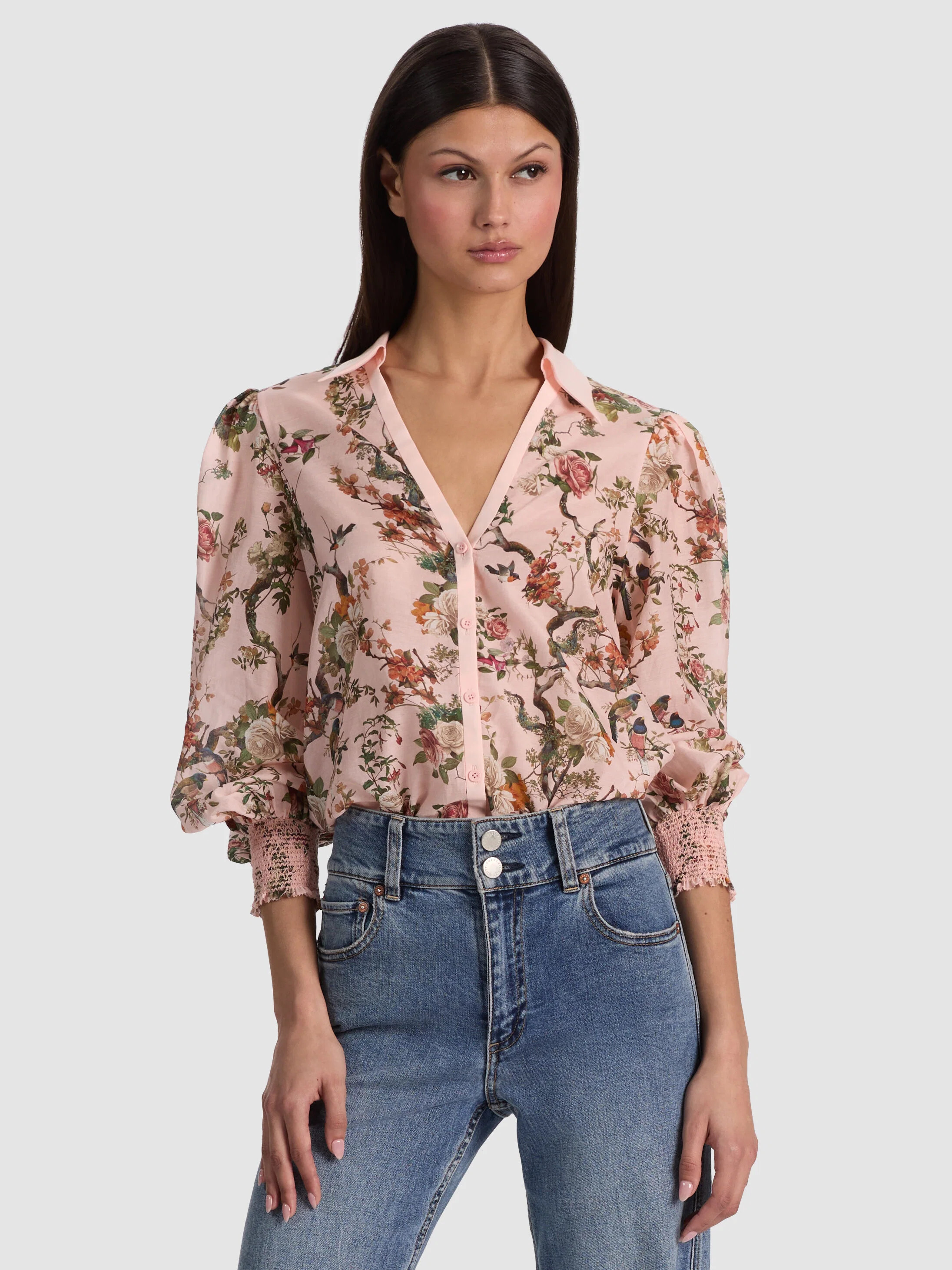 CHARIS BUTTON DOWN BLOUSE in SUNSET GROVE ENGLISH ROSE | ALICE + OLIVIA | Alice + Olivia