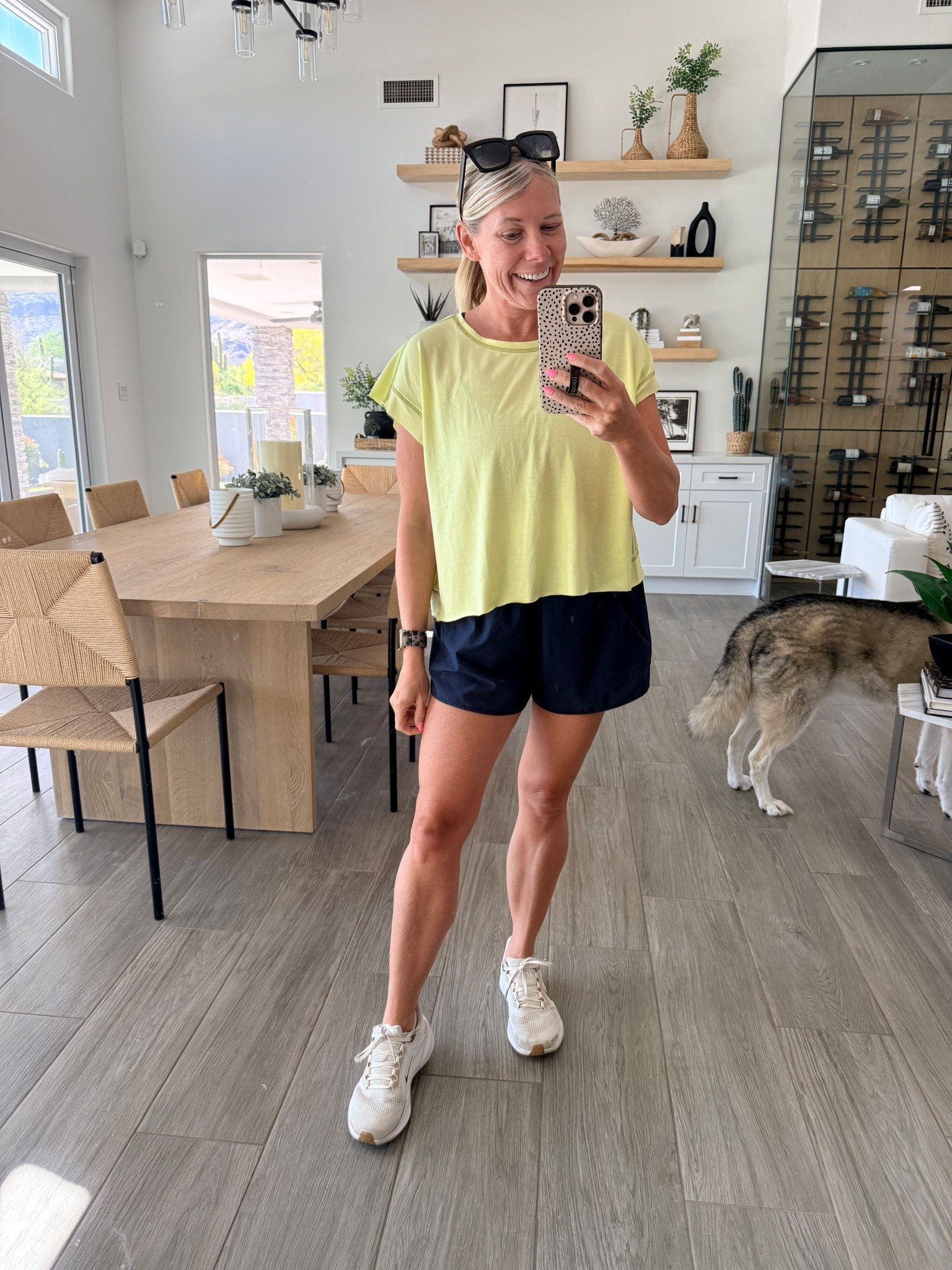 Size small yellow top with navy blue Alo shorts 

#LTKActive #LTKOver40 #LTKootd