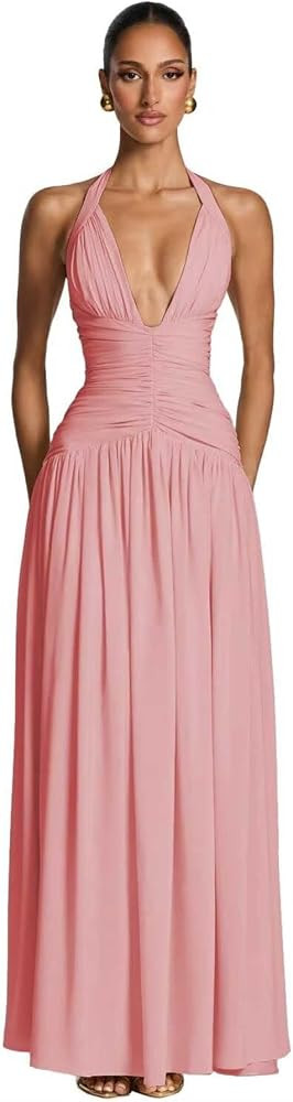 Chiffon Bridesmaid Dress for Women 2026 V Neck Ruched Ruffles Evening Party Prom Dress | Amazon (US)