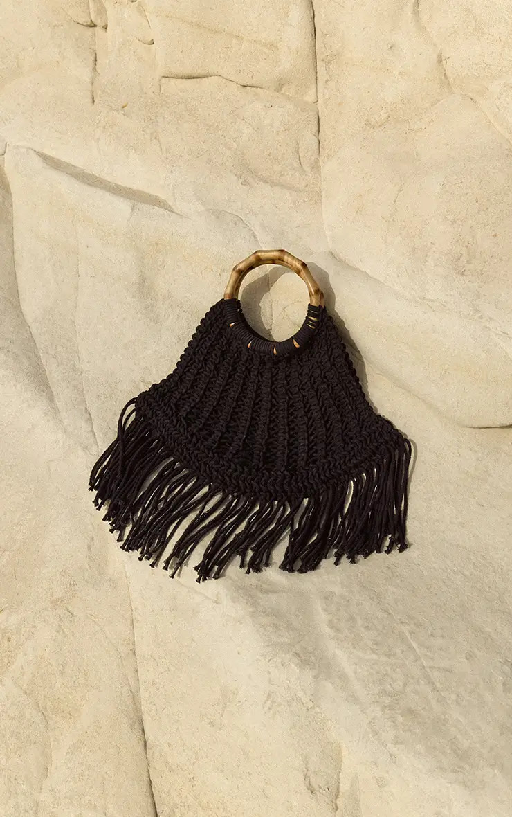 Black Macrame Tassel Wooden Handle Handbag | PrettyLittleThing USA | PrettyLittleThing US