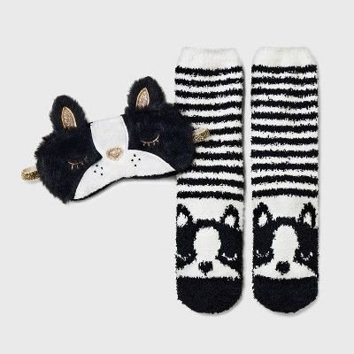 Women's Boston Terrier Faux Fur Eyemask & Cozy Socks Set - Black/White 4-10 | Target