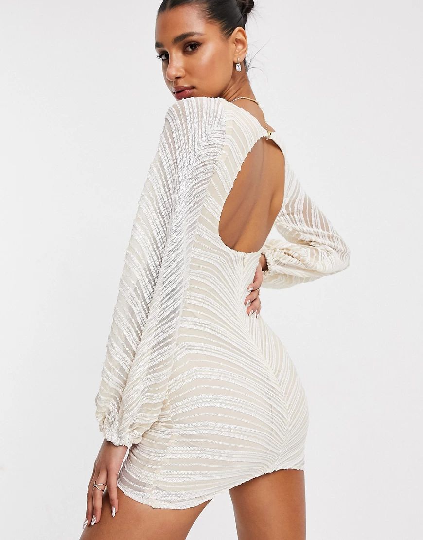 Club L London striped sequin gathered sleeve mini dress in ivory-White | ASOS (Global)