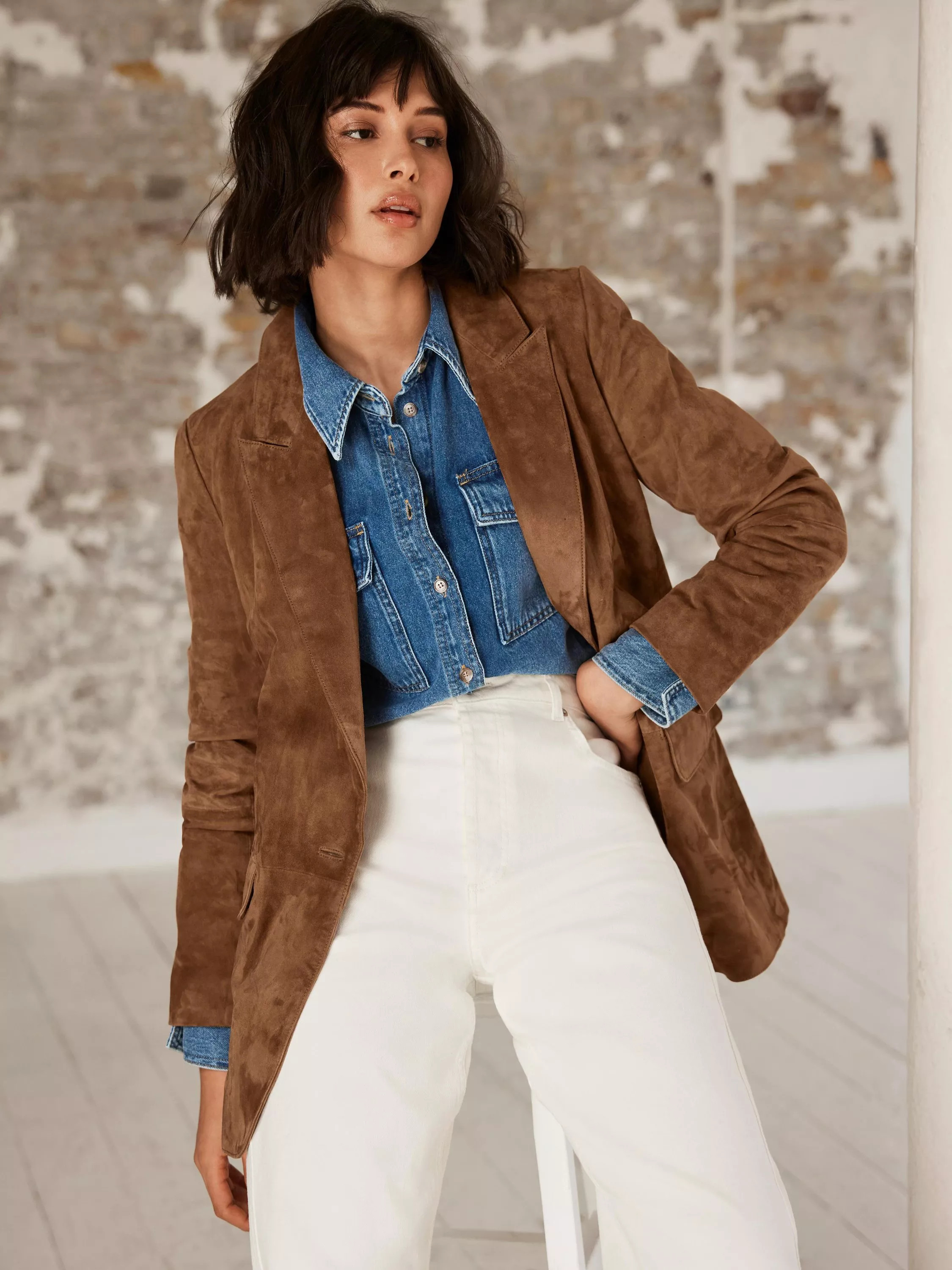 Mint Velvet Single Breasted Pure Suede Blazer, Tan | John Lewis (UK)