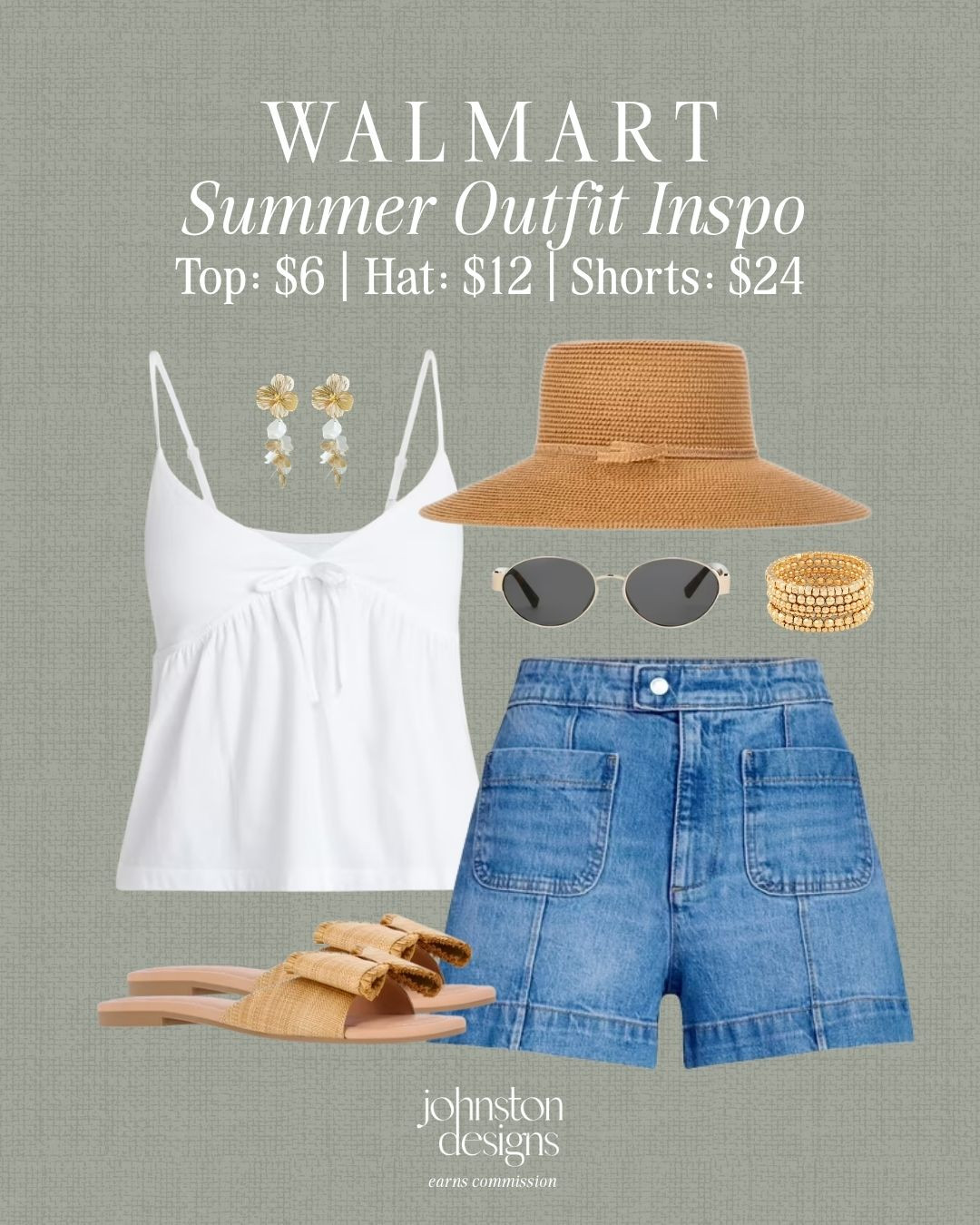 Walmart summer outfit inspo with a $6 white top, denim shorts and easy neutral accessories. 🤍

Walmart summer outfit, $6 white top, denim shorts outfit, straw sun hat, raffia bow sandals, flower drop earrings, gold bracelet stack, oval sunglasses, affordable Walmart fashion, casual summer style, budget friendly outfit, warm weather look, everyday summer outfit, cute vacation style 

 #LTKootd #LTKSeasonal