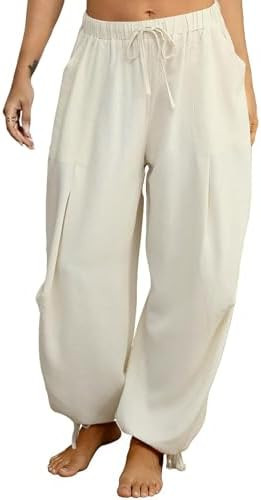 Women's Linen Balloon Barrel Beach Pants Boho Harem Flowy Drawstring Casual Loose Pants with Pock... | Amazon (US)
