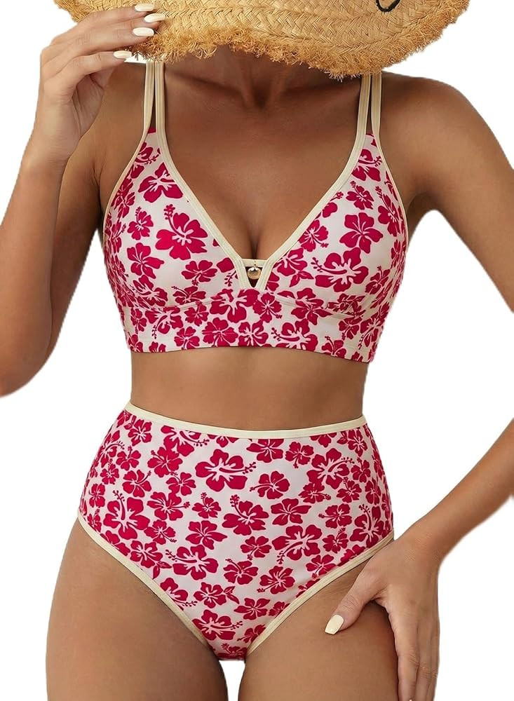 Herseas Women's 2 Piece Floral Print Bikini Sets V Neck Stitch Swimsuits High Waisted Bathing Sui... | Amazon (US)