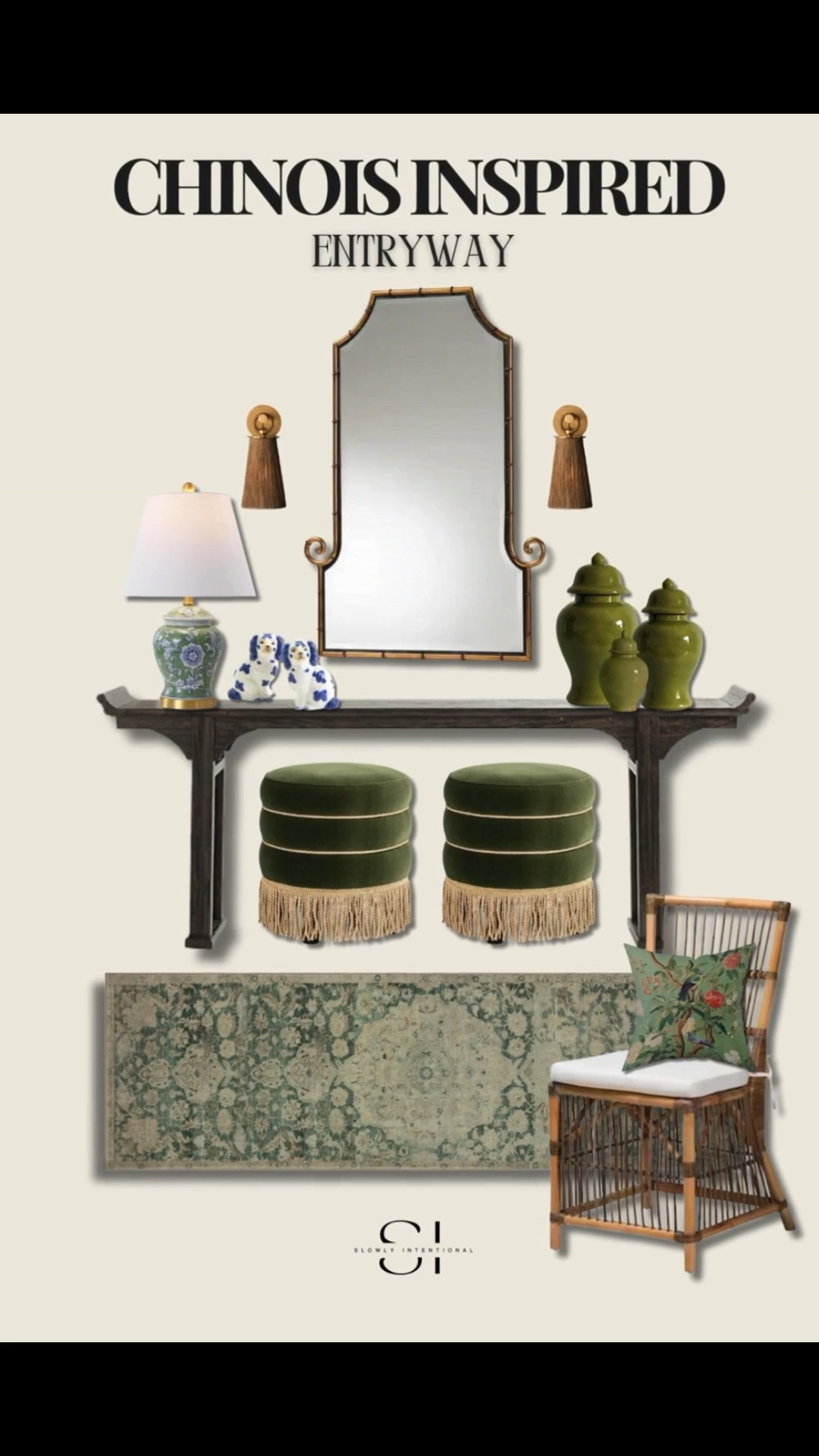 Look at this beautiful Chinoiserie inspired entryway! It has such a high end look but it is actually very affordable. This moodboard shows exactly how to get that designer style without the designer price tag. I love the mix of the dark wood console table with those fun green velvet ottomans. The ottomans even have fringe which makes them look so fancy! The mirror has a great bamboo shape that really stands out against the wall.
These blue and white porcelain dogs are the perfect little accent for any shelf or table. They look just like expensive antiques! The green jars come in different sizes to help make your space look balanced and full. I also found a great runner rug with a pretty vintage pattern that can handle kids and pets. Everything here is meant to be both pretty and useful for a real home. You can shop all these exact finds right here to make your front door area feel so welcoming!

#LTKHome
