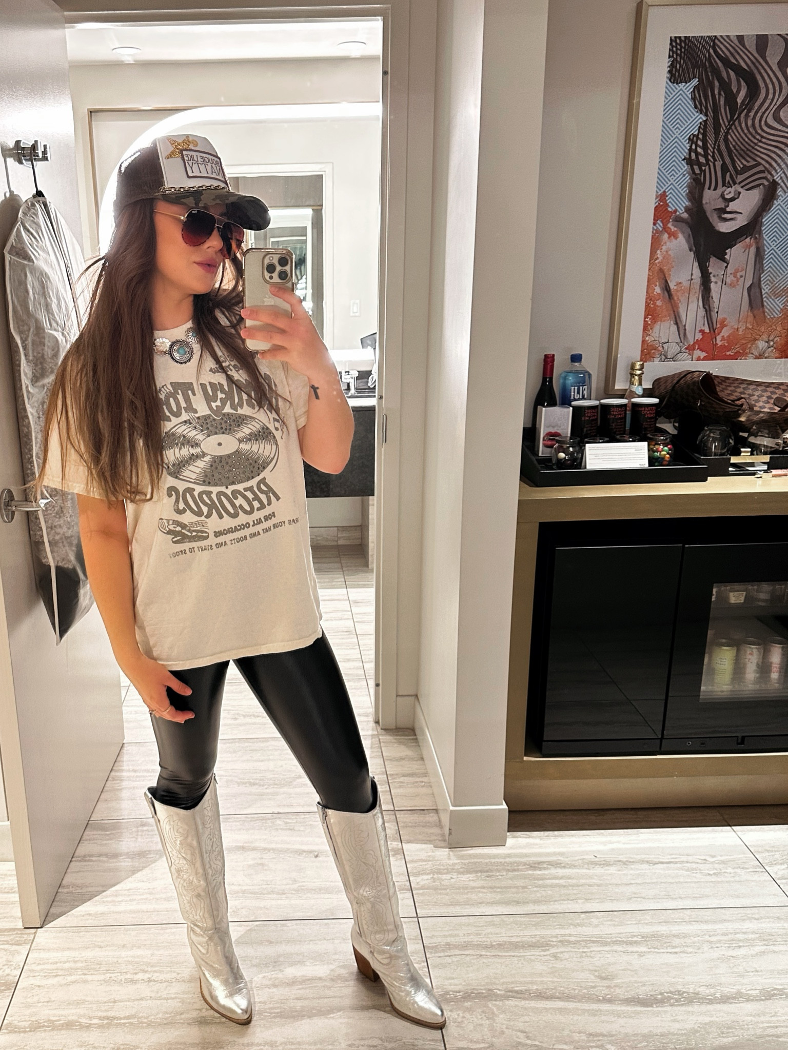 Casual outfit 

#outfit #leatherpants #graphictee #hat #cowboyboots #truckerhat

#LTKSeasonal #LTKshoecrush #LTKfindsunder50