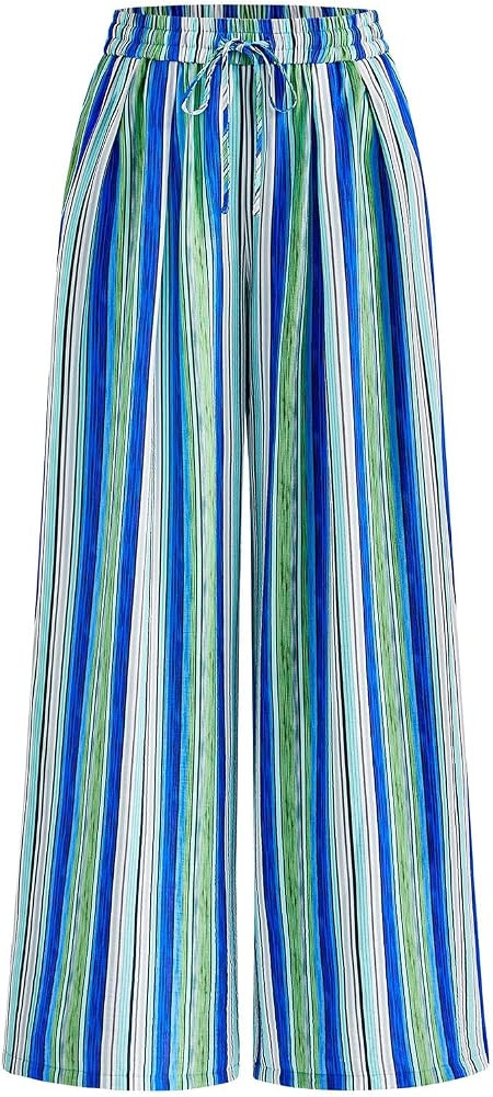 PRETTYGARDEN Womens Pants Elastic Waist Striped Lightweight Palazzo Pant | Amazon (US)