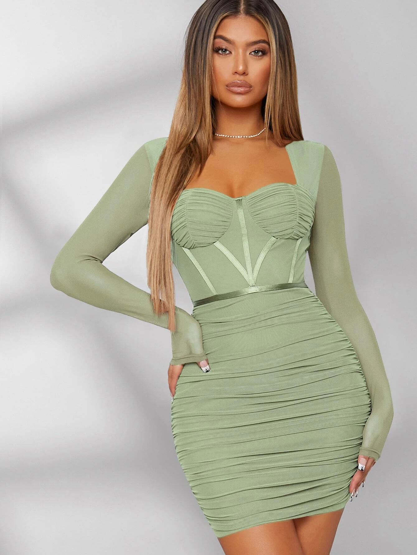 Mienne Ruched Bustier Mesh Panel Ruched Bodycon Dress | SHEIN