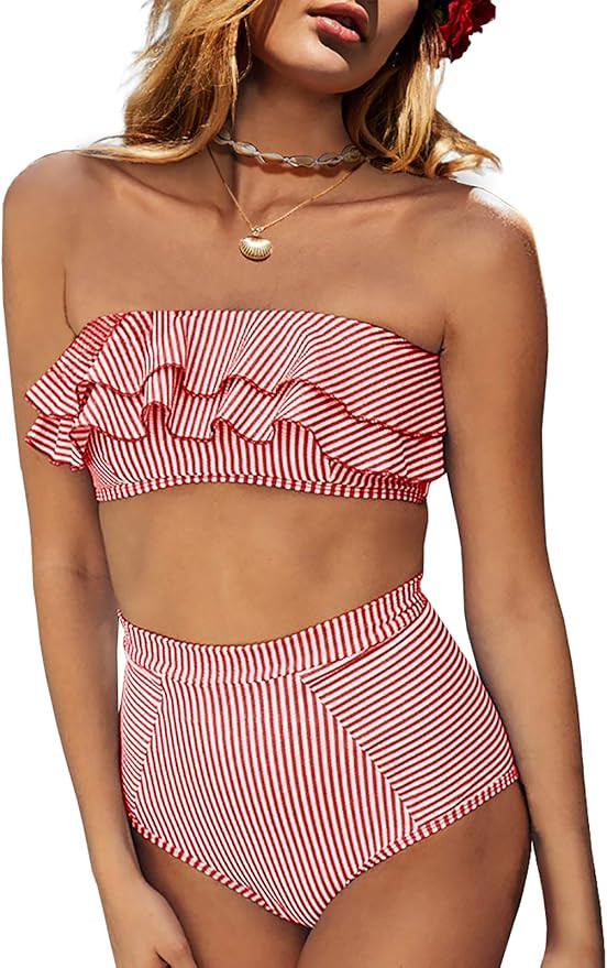 Tutorutor Womens 2 Pieces Flounce Bandeau Bikini Swimsuits Ruffle Strapless Striped Off Shoulder ... | Amazon (US)