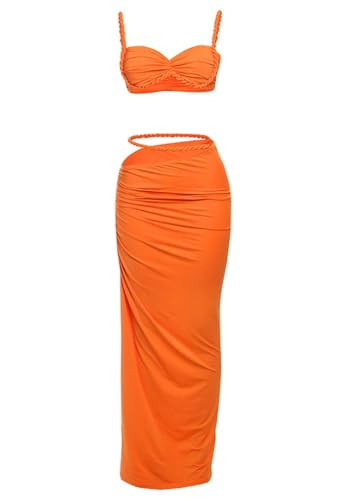 Women's Two Piece Skirt Sets Summer Beach Sexy Ruched Backless Cami Top and Cut Out Skirt Night Out Dress Orange | Amazon (US)