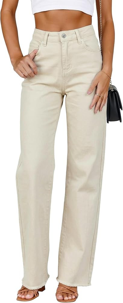 GRAPENT Straight Leg Jeans for Women High Waisted Stretchy Frayed Raw Hem Loose Denim Pants Casua... | Amazon (US)