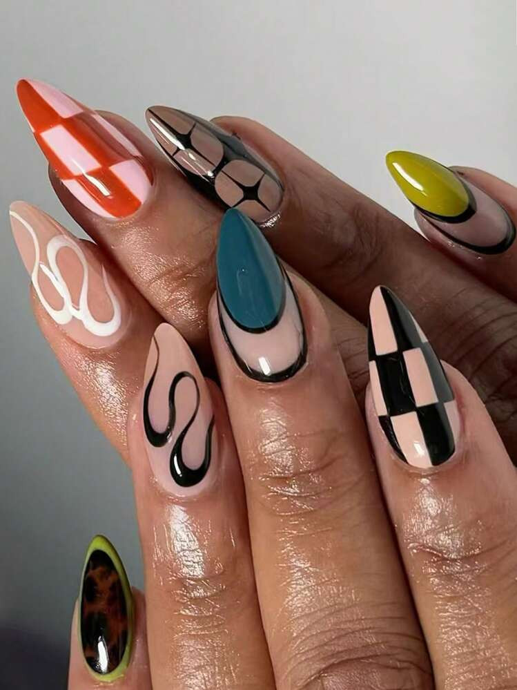 24Pcs Black & White Glossy Multi-Color Striped Stiletto Fake Nails, Contrast French Style Nail Tips For Elegant & Vibrant Party Occasions Press On Nails Nail Supplies Nails | SHEIN