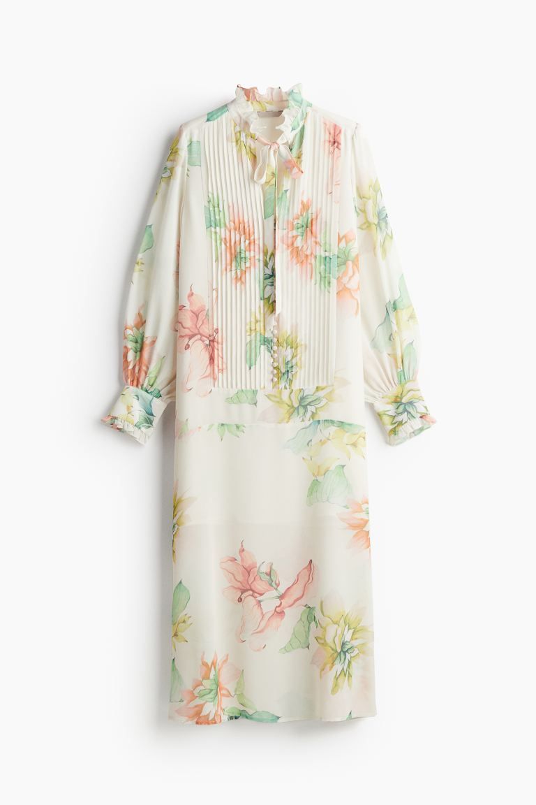 Chiffon Dress with Pintucks - Long sleeve - Midi - White/floral - Ladies | H&M US | H&M (US + CA)