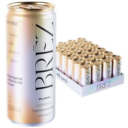 BREZ FLOW Lion’s Mane Mushroom Drink, Non-Infused, Adaptogens, Relieving, Uplifting, and Social, Sparkling Lemon Elderflower Tonic 12 Fl oz (48-pack) | Amazon (US)