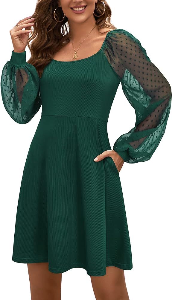 STYLEWORD Women's Formal Dress Long Sleeve Cocktail Homecoming Square Neck Mesh Chiffon A-line Fall  | Amazon (US)