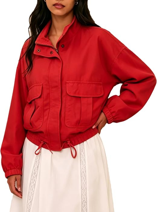 Women Cargo Jackets Zip Up Drawstring Hem Bomber Coat Outerwear | Amazon (US)