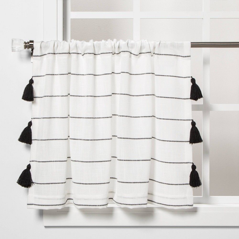42""x24"" Contrast Striped Light Filtering Curtain Tier with Tassel Black/White - Opalhouse | Target