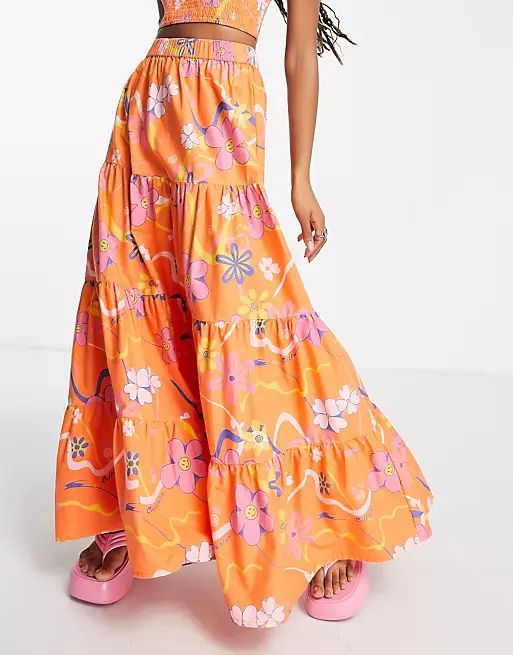 COLLUSION floral tiered maxi skirt in orange | ASOS (Global)