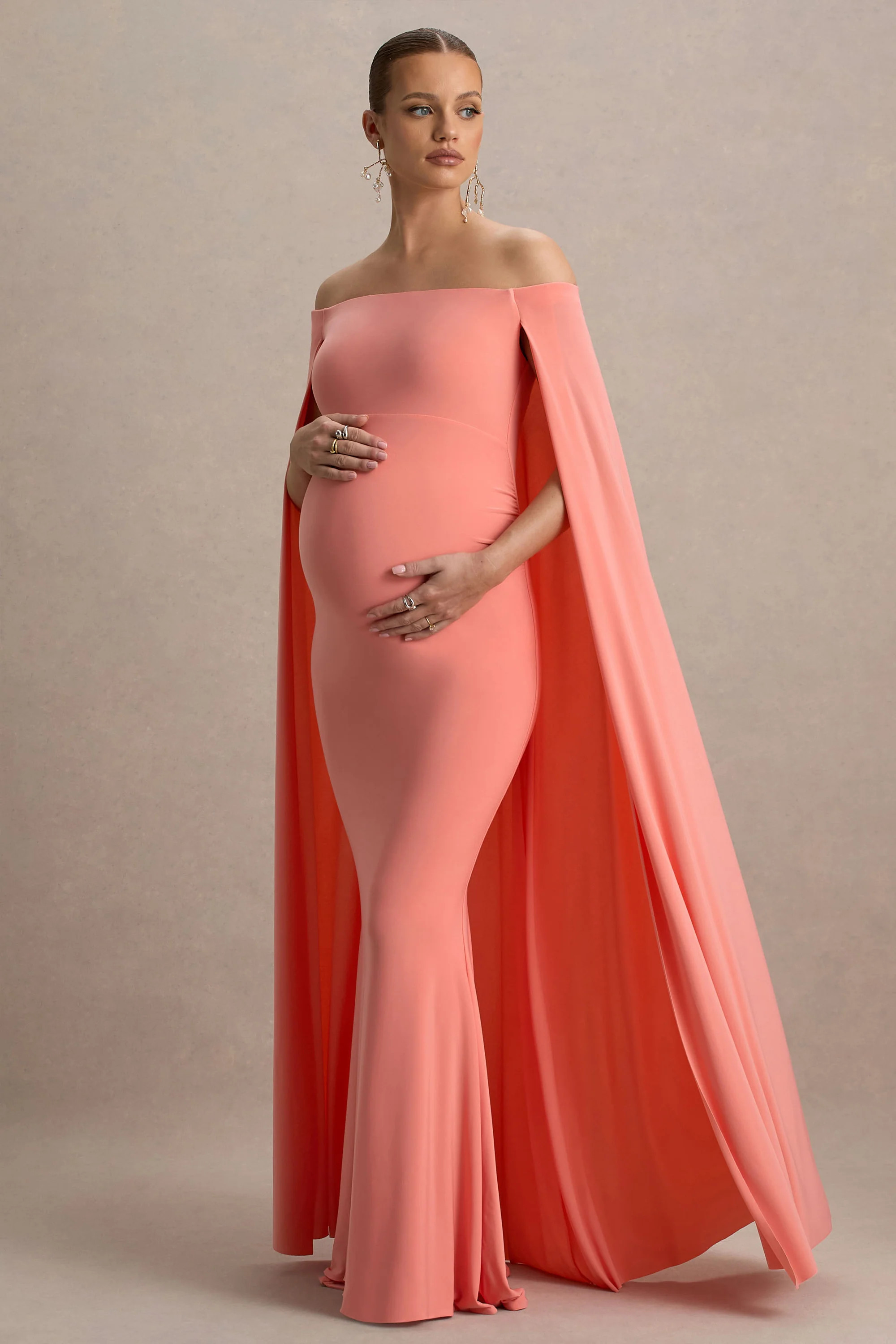 Radiance | Coral Bardot Maternity Maxi Dress With Cape | Club L London