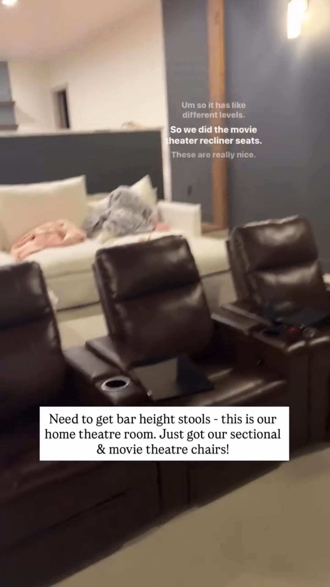 Need to get bar height stools - this is our home theatre room. Just got our sectional & movie theatre chairs!
