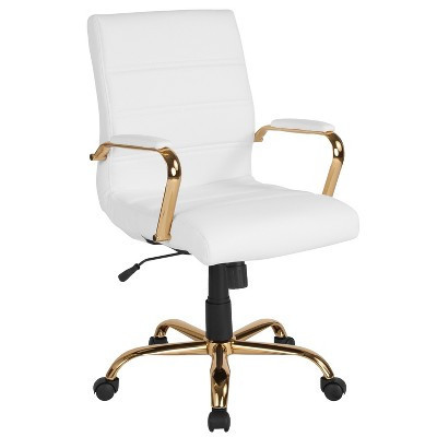 Merrick Lane Contemporary Mid-Back White Faux Leather Home Office Chair with Padded Gold Arms | Target