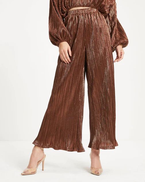Kiyara Pocketed High Rise Shimmer Plisse Pants - Bronze | VICI Collection
