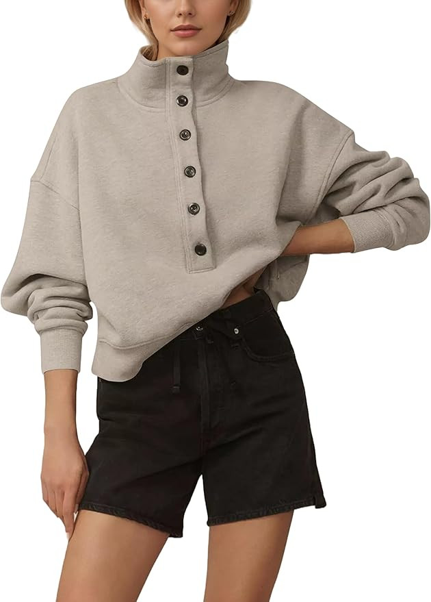 Ythomm Women Mock Neck Sweatshirts Button Henley Neck Long Sleeve Fleece Pullover Tops Loose Tren... | Amazon (US)