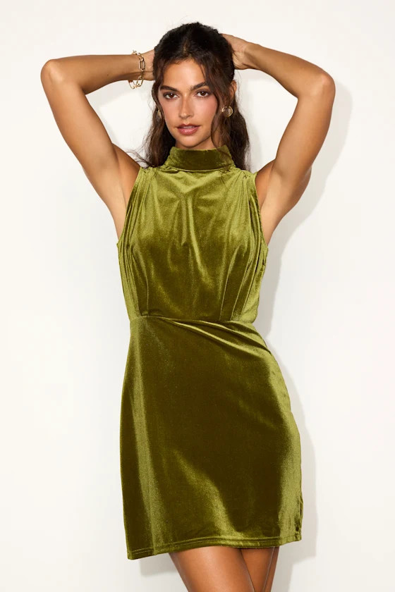 Gorgeous Darling Olive Velvet Sleeveless Mock Neck Mini Dress | Lulus