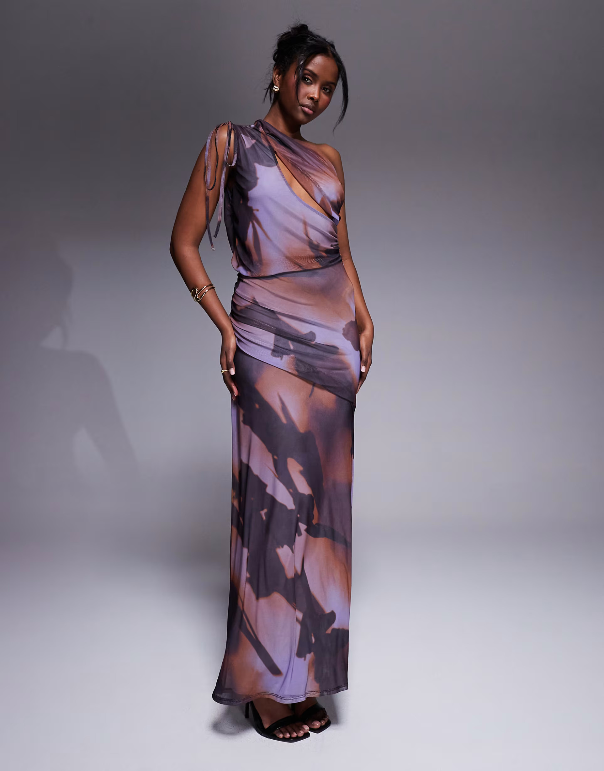 ASOS DESIGN mesh channeled tie one shoulder midi dress with slash cut out in blurred purple print... | ASOS (Global)