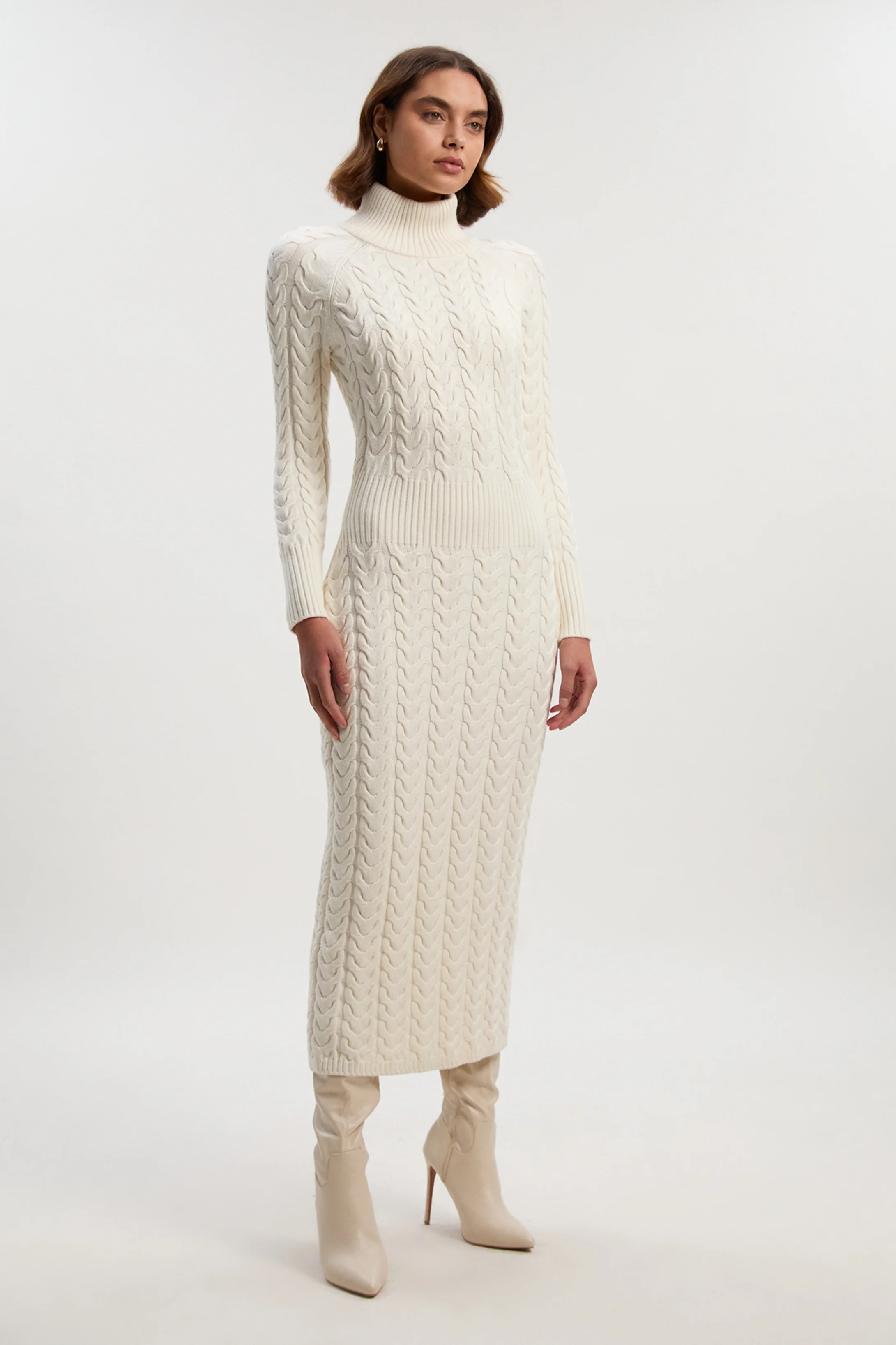 Petite Cable Knit Funnel Neck Maxi Dress | Karen Millen UK + IE + DE + NL