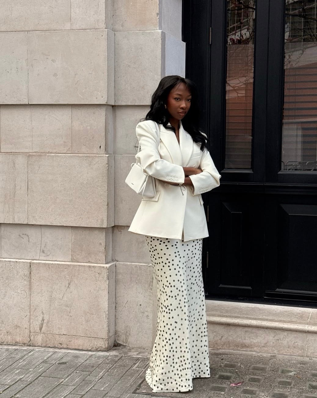 Long polka dot skirt
White blazer 

#LTKBeauty #LTKPetite #LTKMothersDay