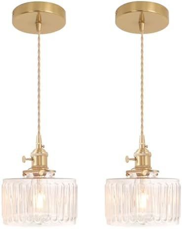 Shenmoyl Pendant Light 2 Pack with Clear Striped Glass Lmapshade, Brass Vintage Pendant Light Adj... | Amazon (US)