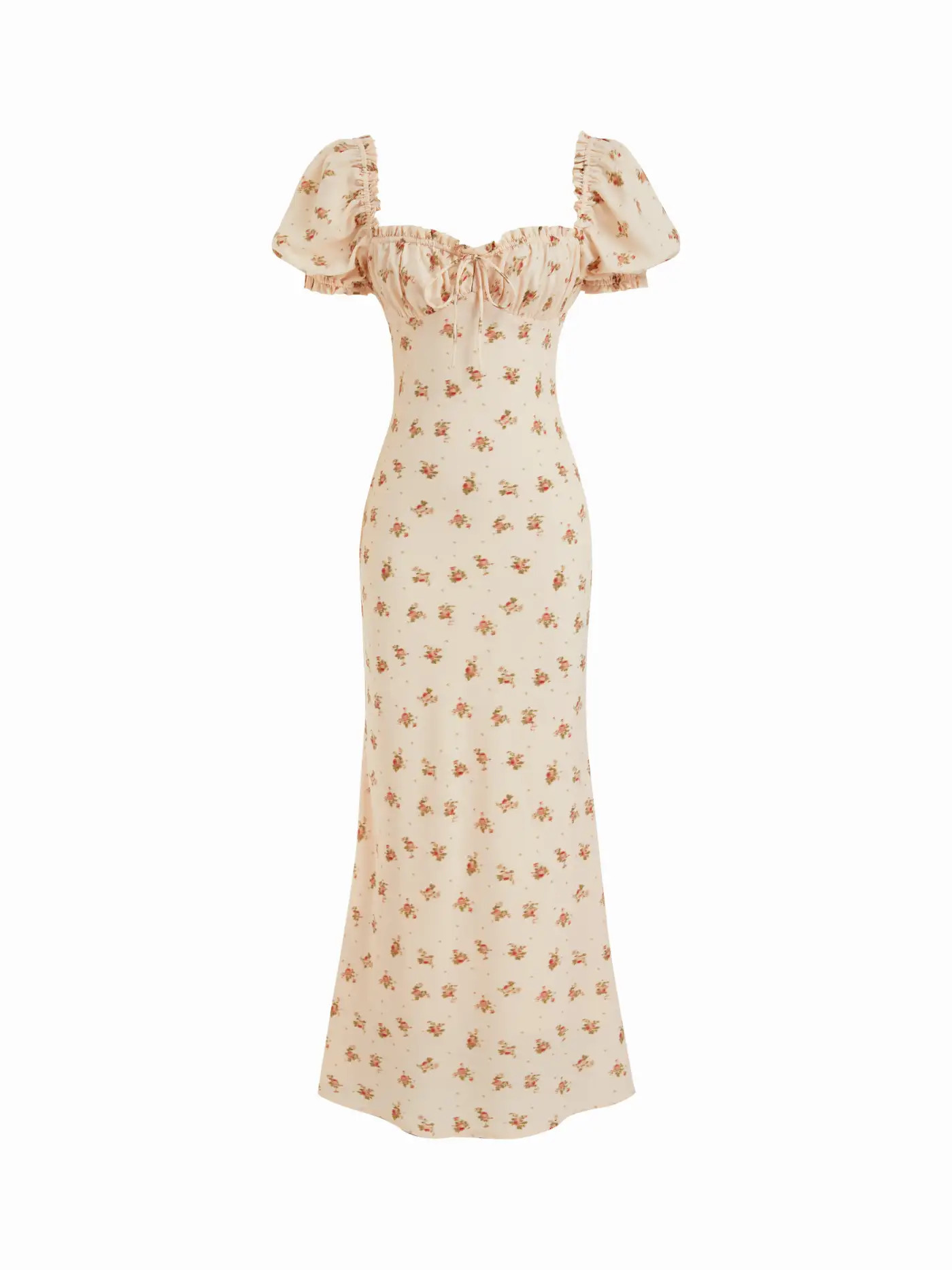 Satin Floral Sweetheart Puff Sleeve Ruched Lettuce Trim Mermaid Maxi Dress...$59.9013$50 | Cider