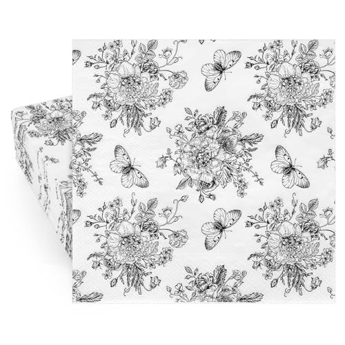 Whaline 100 Counts Floral Paper Napkins Black White Vintage Flower Disposable Napkins Sketched Decorative Luncheon Dinner Table Napkins for Spring Summer Birthday Party Supplies | Amazon (US)