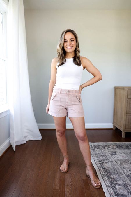 25% off shorts, orders over $50 stack savings with code SUNSET 

Shorts: 0 I sized up. These shorts have a stretchy fit.
Top: petite xxs 
Sandals: size up if in between sizes 

#LTKSaleAlert #LTKStyleTip